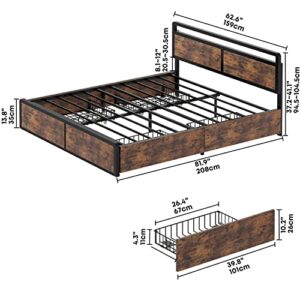 LIKIMIO Queen Bed Frame with Storage, Adjustable Headboard and 4 Drawers, Sturdy and Practical, No Noise, No Box Spring Needed, Easy Assembly, Vintage Brown