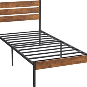 VECELO Platform Twin Bed Frame with Rustic Vintage Wood Headboard and Footboard, Mattress Foundation, Strong Metal Slats Support, No Box Spring Needed