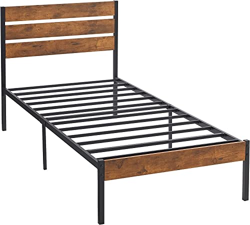 VECELO Platform Twin Bed Frame with Rustic Vintage Wood Headboard and Footboard, Mattress Foundation, Strong Metal Slats Support, No Box Spring Needed