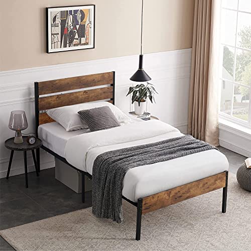 VECELO Platform Twin Bed Frame with Rustic Vintage Wood Headboard and Footboard, Mattress Foundation, Strong Metal Slats Support, No Box Spring Needed