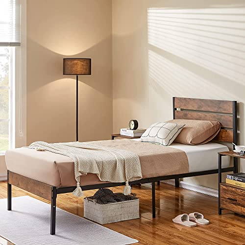 VECELO Platform Twin Bed Frame with Rustic Vintage Wood Headboard and Footboard, Mattress Foundation, Strong Metal Slats Support, No Box Spring Needed