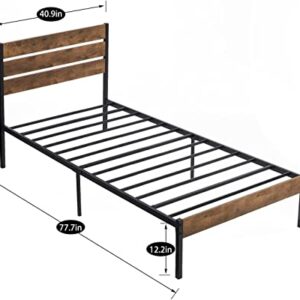 VECELO Platform Twin Bed Frame with Rustic Vintage Wood Headboard and Footboard, Mattress Foundation, Strong Metal Slats Support, No Box Spring Needed