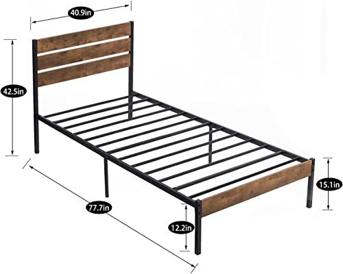 VECELO Platform Twin Bed Frame with Rustic Vintage Wood Headboard and Footboard, Mattress Foundation, Strong Metal Slats Support, No Box Spring Needed