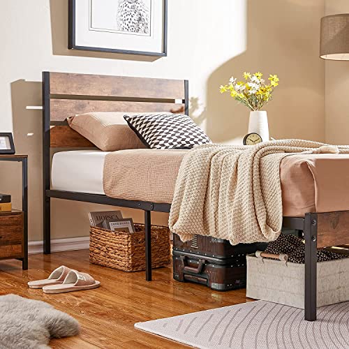 VECELO Platform Twin Bed Frame with Rustic Vintage Wood Headboard and Footboard, Mattress Foundation, Strong Metal Slats Support, No Box Spring Needed