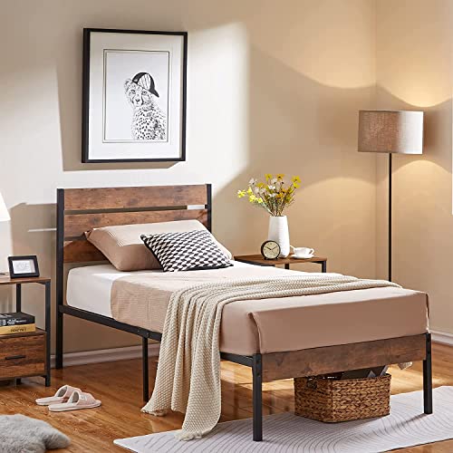 VECELO Platform Twin Bed Frame with Rustic Vintage Wood Headboard and Footboard, Mattress Foundation, Strong Metal Slats Support, No Box Spring Needed