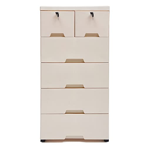 Plastic Dresser, Plastic Drawers Dresser, Clothes Drawer, Storage Cabinet with 6 Drawers, Closet Drawers Tall Dresser Organizer for kids Bedroom Playroom Furnitures (Beige, 19.7" W x 13.8" D x 40" H)