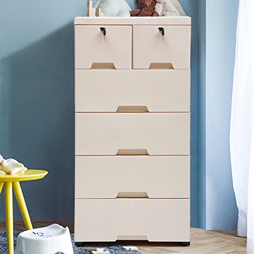 Plastic Dresser, Plastic Drawers Dresser, Clothes Drawer, Storage Cabinet with 6 Drawers, Closet Drawers Tall Dresser Organizer for kids Bedroom Playroom Furnitures (Beige, 19.7" W x 13.8" D x 40" H)