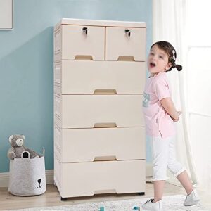 Plastic Dresser, Plastic Drawers Dresser, Clothes Drawer, Storage Cabinet with 6 Drawers, Closet Drawers Tall Dresser Organizer for kids Bedroom Playroom Furnitures (Beige, 19.7" W x 13.8" D x 40" H)