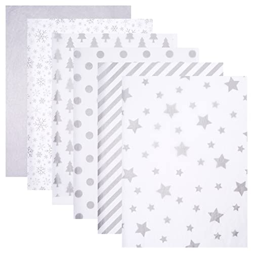 Blisstime 106 Sheets Silver Tissue Paper Gift Wrap Bulk, 19.5" x 13.6" Christmas Tissue Paper for Wrapping, 6 Assorted Designs Golden Stars Snow Dots for Christmas Gift Bags, DIY and Craft