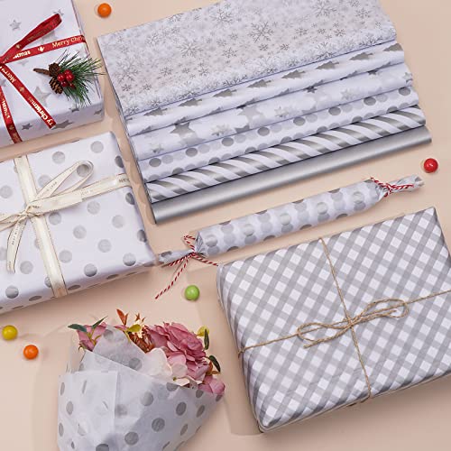 Blisstime 106 Sheets Silver Tissue Paper Gift Wrap Bulk, 19.5" x 13.6" Christmas Tissue Paper for Wrapping, 6 Assorted Designs Golden Stars Snow Dots for Christmas Gift Bags, DIY and Craft