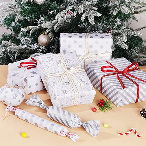 Blisstime 106 Sheets Silver Tissue Paper Gift Wrap Bulk, 19.5" x 13.6" Christmas Tissue Paper for Wrapping, 6 Assorted Designs Golden Stars Snow Dots for Christmas Gift Bags, DIY and Craft