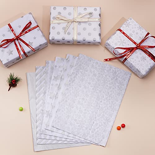 Blisstime 106 Sheets Silver Tissue Paper Gift Wrap Bulk, 19.5" x 13.6" Christmas Tissue Paper for Wrapping, 6 Assorted Designs Golden Stars Snow Dots for Christmas Gift Bags, DIY and Craft