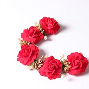 Ritzprime Artificial Flower gajra Hair Bun Accessories for Occasion/Festival , Beautiful Red Flower with Golden Peal bun Accessories for Women