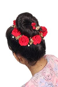 ritzprime artificial flower gajra hair bun accessories for occasion/festival , beautiful red flower with golden peal bun accessories for women