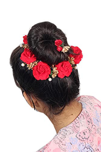 Ritzprime Artificial Flower gajra Hair Bun Accessories for Occasion/Festival , Beautiful Red Flower with Golden Peal bun Accessories for Women