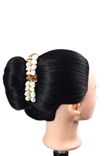 Ritzprime Flower Hair Bun Beautiful Hair Peals Gajra Accessories for Women, Artificial Flower Gajra Hair Bun for Occasion/Festival 20 Gram, (White & Golden , Pack of 1)