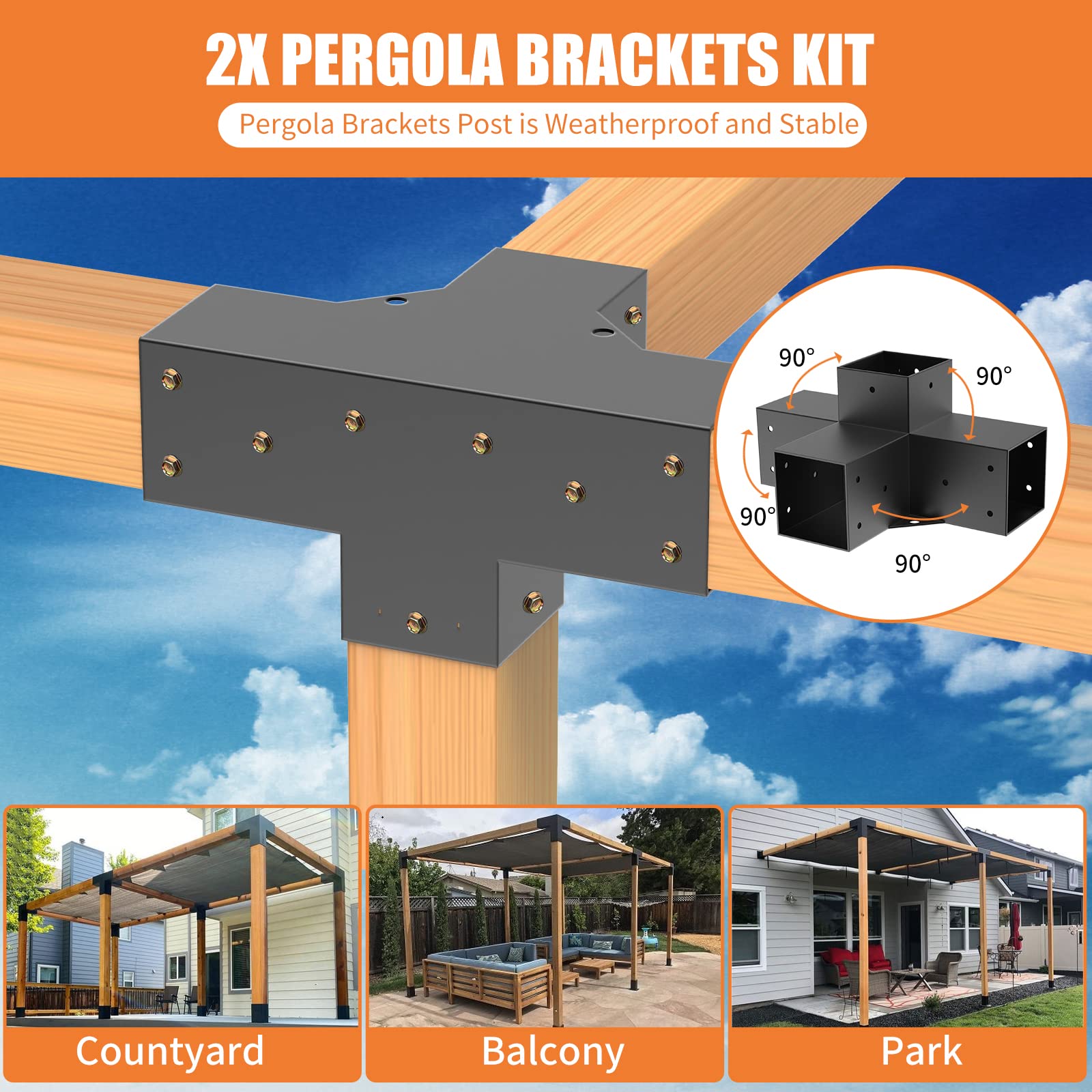 Woodworks Pergola pergola Brackets 4-Way Right Angle Corner Bracket DIY Elevated Wood Stand 2PACK with Screws for 4x4 (Actual: 3.5x3.5 Inch) Lumber Pergola Gazebo