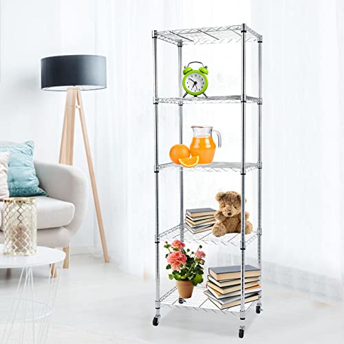 BELANITAS 5 Shelf Metal Shelves for Storage Heavy Duty Wire Shelving with Wheels Casters Steel Shelves for Storage Unit Metal Shelf Wire Rack, 24" L x 18" W x 71" H,Silver