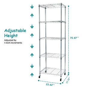 BELANITAS 5 Shelf Metal Shelves for Storage Heavy Duty Wire Shelving with Wheels Casters Steel Shelves for Storage Unit Metal Shelf Wire Rack, 24" L x 18" W x 71" H,Silver