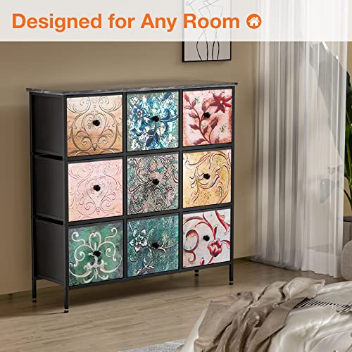 YILQQPER Dresser for Bedroom with 9 Drawers, Chest of Drawers for Closet, Living Room, Hallway, Nursery, Tall Storage Organizer Unit with Sturdy Steel Frame, Fabric Bins, Wood Top (Floral Painted)