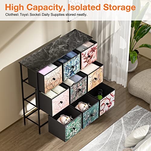 YILQQPER Dresser for Bedroom with 9 Drawers, Chest of Drawers for Closet, Living Room, Hallway, Nursery, Tall Storage Organizer Unit with Sturdy Steel Frame, Fabric Bins, Wood Top (Floral Painted)