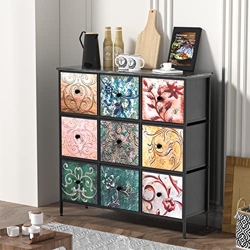 YILQQPER Dresser for Bedroom with 9 Drawers, Chest of Drawers for Closet, Living Room, Hallway, Nursery, Tall Storage Organizer Unit with Sturdy Steel Frame, Fabric Bins, Wood Top (Floral Painted)