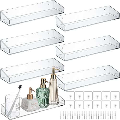 Reginary 6 Pack Acrylic Bathroom Shelves Clear Acrylic Floating Wall Mounted Display Shelves Non Drilling Thick Shelving for Shower Sponge Kitchen Storage Rack with 12 Adhesive 12 Screws