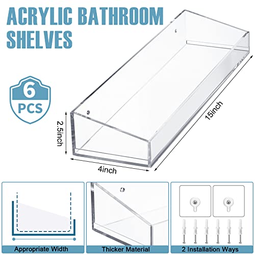 Reginary 6 Pack Acrylic Bathroom Shelves Clear Acrylic Floating Wall Mounted Display Shelves Non Drilling Thick Shelving for Shower Sponge Kitchen Storage Rack with 12 Adhesive 12 Screws