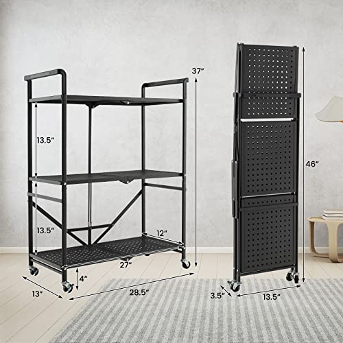 Giantex 3-Tier Folding Utility Cart, Storage Shelves on Wheels 2 Lockable Casters, Steel Rolling Shelving Units, Mobile Wire Rack for Kitchen Living Room Garage, Black (1, 28.5" Lx13 Wx 37" H)