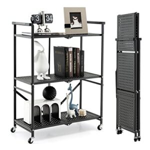 giantex 3-tier folding utility cart, storage shelves on wheels 2 lockable casters, steel rolling shelving units, mobile wire rack for kitchen living room garage, black (1, 28.5" lx13 wx 37" h)
