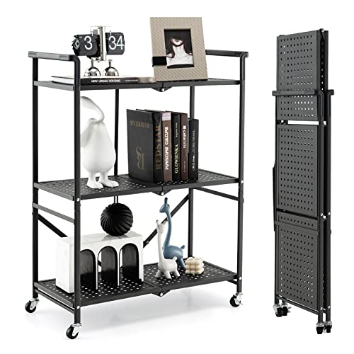 Giantex 3-Tier Folding Utility Cart, Storage Shelves on Wheels 2 Lockable Casters, Steel Rolling Shelving Units, Mobile Wire Rack for Kitchen Living Room Garage, Black (1, 28.5" Lx13 Wx 37" H)