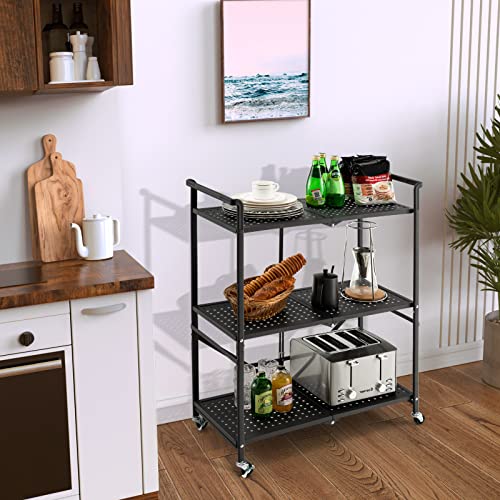 Giantex 3-Tier Folding Utility Cart, Storage Shelves on Wheels 2 Lockable Casters, Steel Rolling Shelving Units, Mobile Wire Rack for Kitchen Living Room Garage, Black (1, 28.5" Lx13 Wx 37" H)