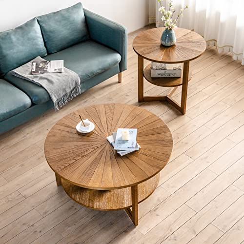 Gexpusm Round Coffee Table, Wood Coffee Tables for Living Room, Natural Wood Coffee Table with Storage, Center Large Circle Coffee Table, 35.3x35.3x17.8in