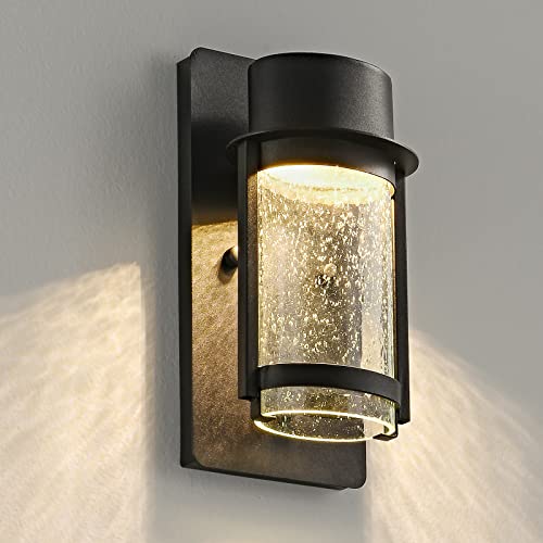 UP TO NEW Outdoor LED Wall Light Fixture, 3000K Porch Light Wall Sconce with Seeded Glass, Matte Black Wall Lantern Exterior Lighting for House Backyard Patio