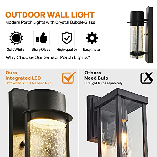UP TO NEW Outdoor LED Wall Light Fixture, 3000K Porch Light Wall Sconce with Seeded Glass, Matte Black Wall Lantern Exterior Lighting for House Backyard Patio