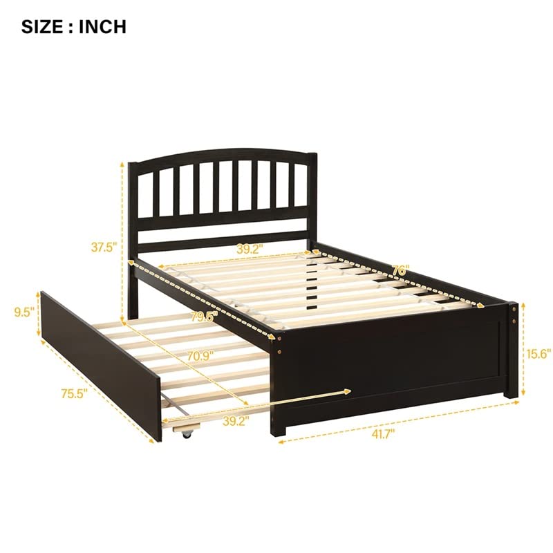 n/a Twin Size Platform Bed Wood Bed Frame with Trundle, Pine