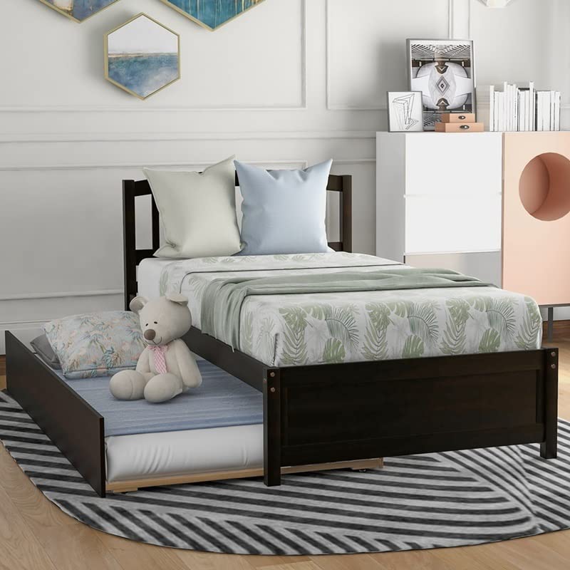 n/a Twin Size Platform Bed Wood Bed Frame with Trundle, Pine