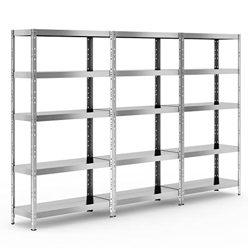 Giantex 3 Pcs 5-Tier Storage Shelves, 39 x 16 x 77 Inch Adjustable Steel Storage Rack with Foot Pads, 2866 LBS Load Capacity,Bolt-Free Installation Hevy Duty Garage Shelving for Warehouse, Silver