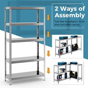 Giantex 3 Pcs 5-Tier Storage Shelves, 39 x 16 x 77 Inch Adjustable Steel Storage Rack with Foot Pads, 2866 LBS Load Capacity,Bolt-Free Installation Hevy Duty Garage Shelving for Warehouse, Silver