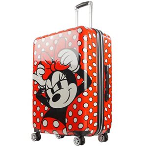 ful disney minnie mouse 29 inch rolling luggage, polka dot printed hardshell suitcase with wheels, red