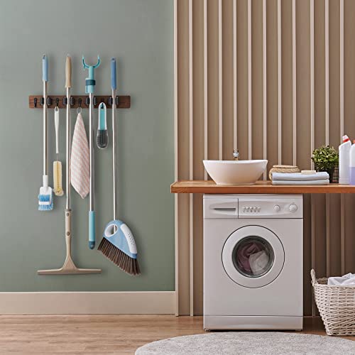 OUTNILI Mop Broom Holder Wall Mount Wood Broom Mop Hanger - Wall Mounted Garden Tool Rack Organizer for Closet Garage Laundry Room Kitchen Decor With 4 Slots & 4 Hooks