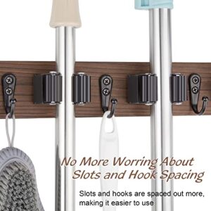 OUTNILI Mop Broom Holder Wall Mount Wood Broom Mop Hanger - Wall Mounted Garden Tool Rack Organizer for Closet Garage Laundry Room Kitchen Decor With 4 Slots & 4 Hooks