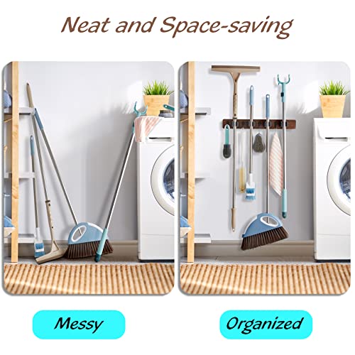 OUTNILI Mop Broom Holder Wall Mount Wood Broom Mop Hanger - Wall Mounted Garden Tool Rack Organizer for Closet Garage Laundry Room Kitchen Decor With 4 Slots & 4 Hooks