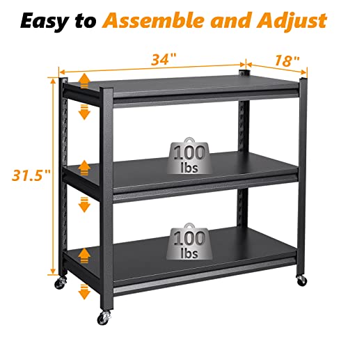 STANI Garage Shelving, Rolling Shelf with Wheels for Storage, 3-Tier Metal Shelving Unit with Wheels for Garage Kitchen Office, Utility Carts with Wheels, Bakers Rack Shelf, Storage Shelves on Wheels