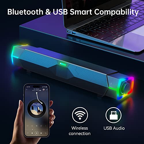 Fishcovers Bluetooth Computer Speakers for PC Desktop Monitor, RGB PC Sound Bar, USB Powered PC Speakers, HiFi Stereo Gaming Speakers for Laptop