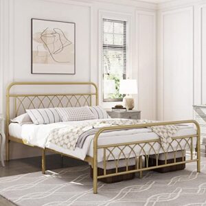 Yaheetech Queen Bed Frame Metal Platform Bed with Petal Accented Headboard/Footboard/14.4 Inch Under Bed Storage/No Box Spring Needed,Antique Gold