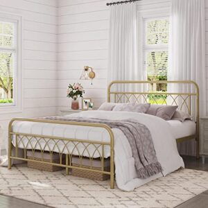 Yaheetech Queen Bed Frame Metal Platform Bed with Petal Accented Headboard/Footboard/14.4 Inch Under Bed Storage/No Box Spring Needed,Antique Gold