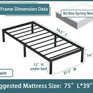 Rooflare Twin Size Bed Frames 14 Inch Heavy Duty Max 3500lbs Metal Twin Size Mattress Platform for Boys Girls Kids No Box Spring Needed Easy to Assemble-Black