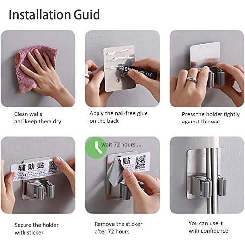 Mop Broom Holder Wall Mount,Holder Self Adhesive Broom Hanger Stainless Steel Tools Hanger for Home, Kitchen,Closet,Garden,Garage, Laundry,2 Pack