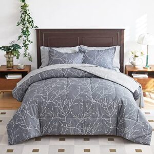 UOZZI BEDDING Cotton Gray Comforter Sheet Set Queen Size 7 Pieces Bed in a Bag with White Branch Soft Bed Set (1 Comforter 2 Pillow Shams 1 Flat Sheet 1 Fitted Sheet 2 Pillowcases)